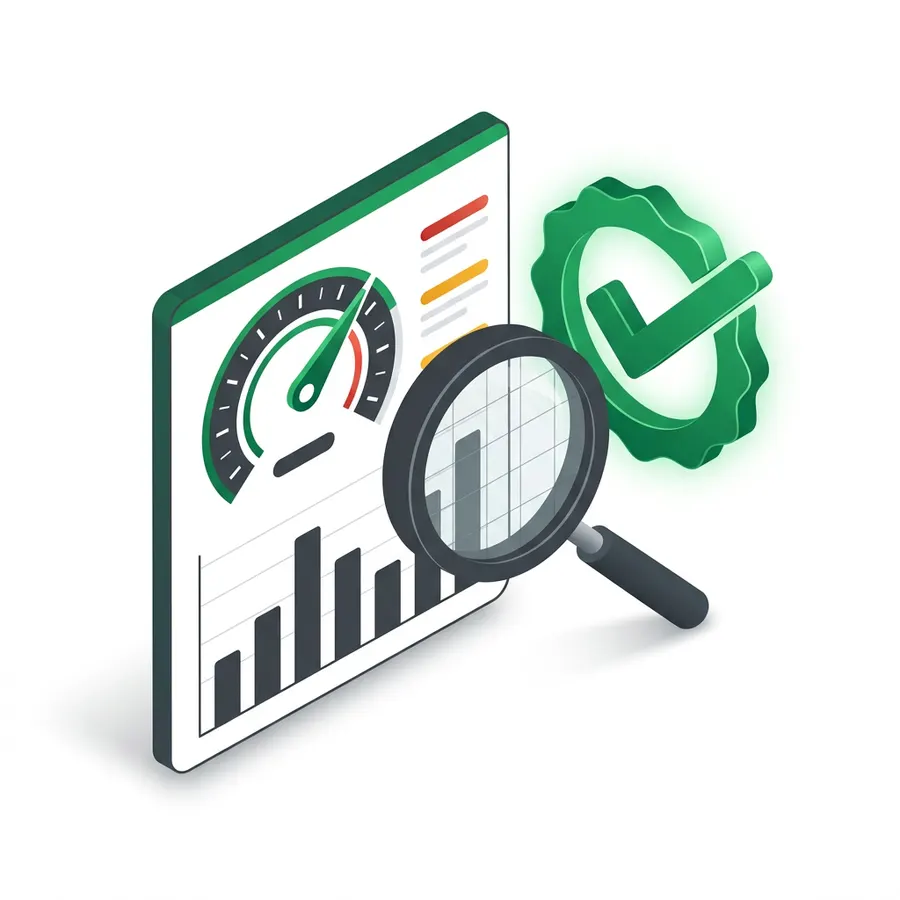Illustration of an analytics dashboard with a score gauge and checkmark