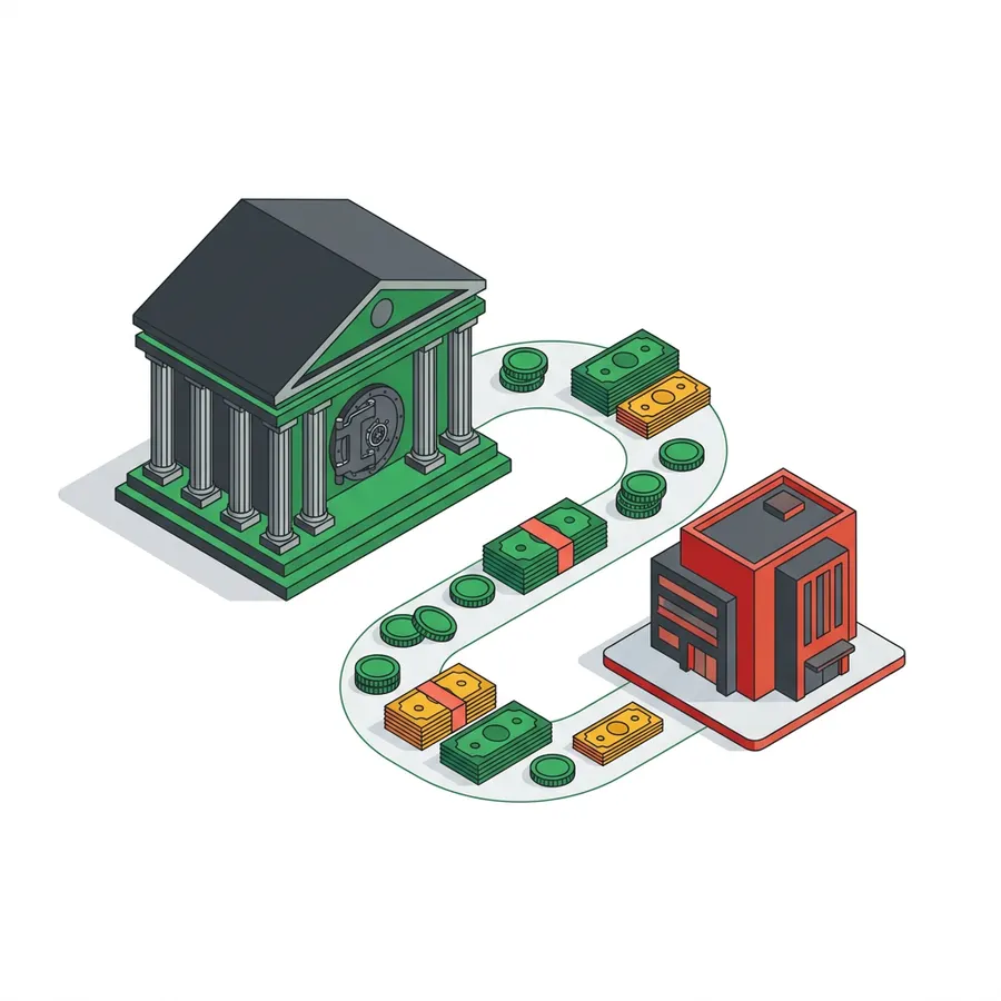 Illustration of capital flowing from a government building to a startup