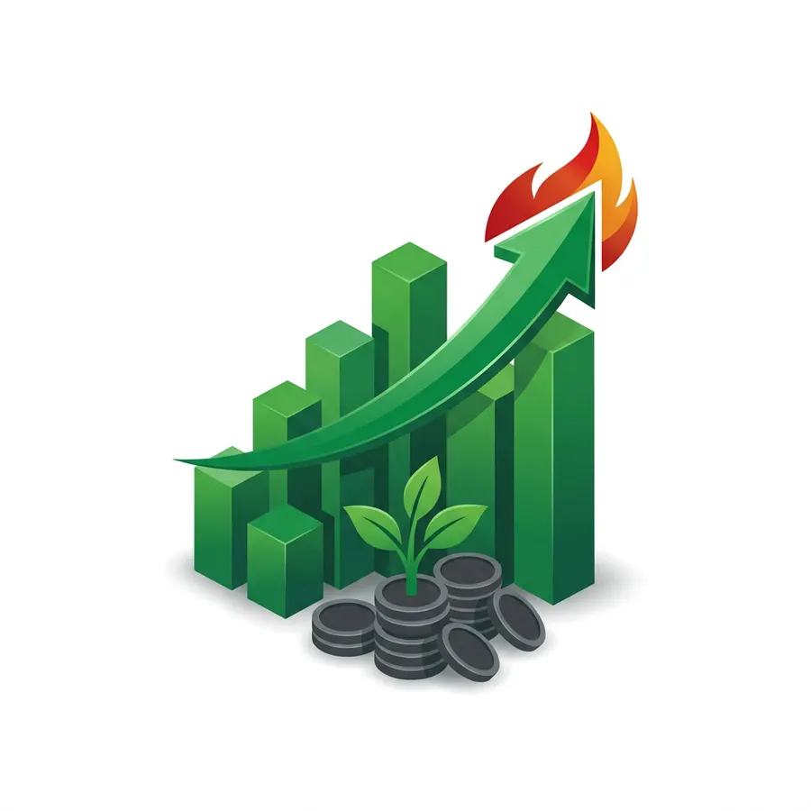 Illustration of rising bar chart with a growth arrow and sapling